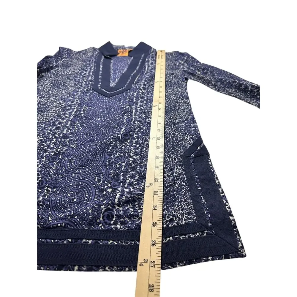 Tory Burch Blue White Print Cotton Tunic‎ Blouse Size 0 EUC Classic Resort Style